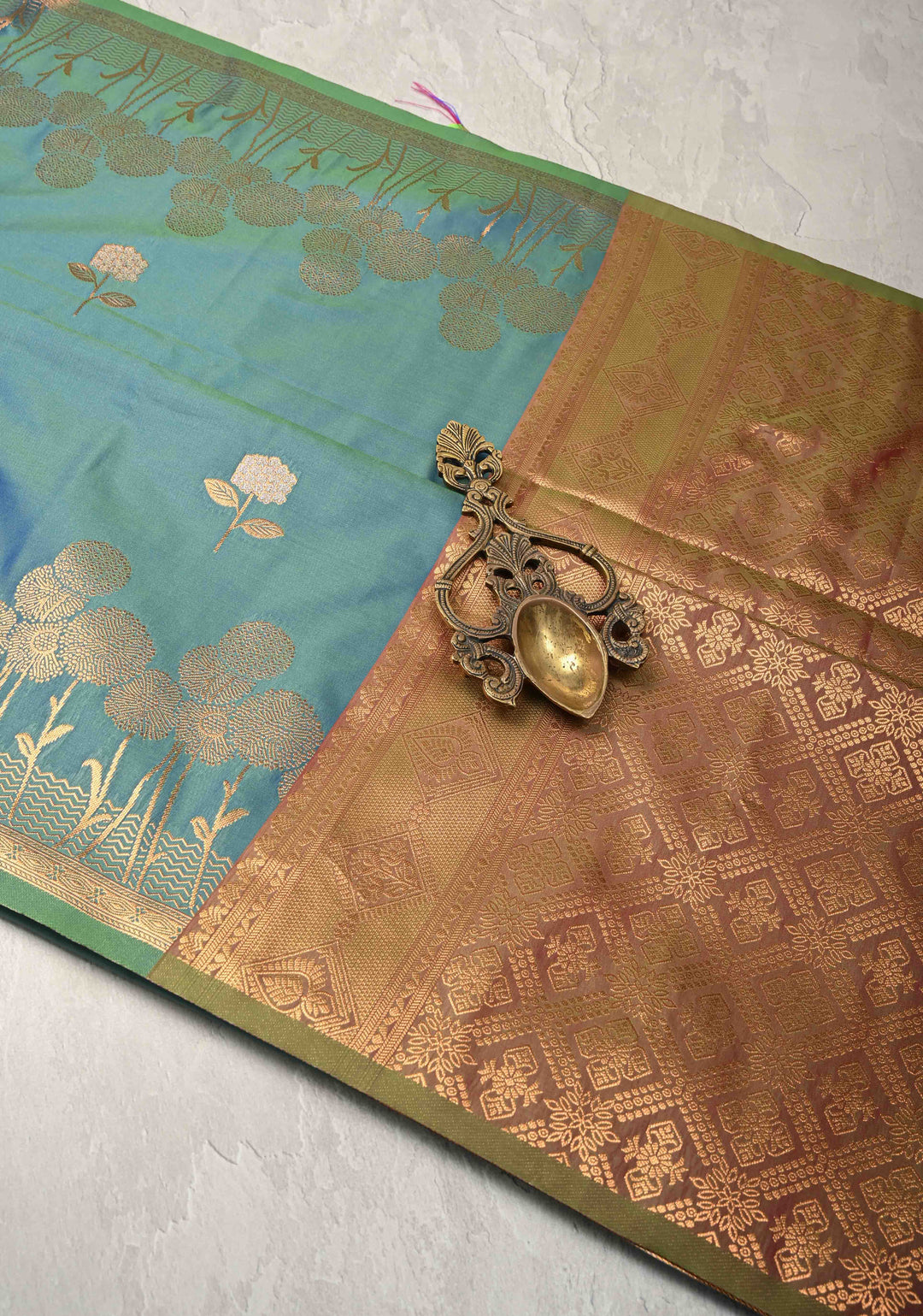 Peacock Blue Dual tone Kanchi Semi Silk Saree with Alfi Floral Buttas and Zari Border