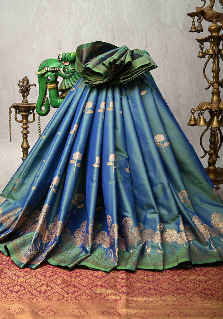 Peacock Blue Dual tone Kanchi Semi Silk Saree with Alfi Floral Buttas and Zari Border