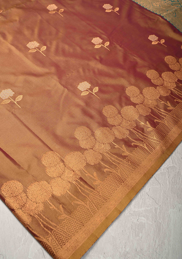Camel Brown Dual tone Kanchi Semi Silk Saree with Alfi Floral Buttas and Zari Border