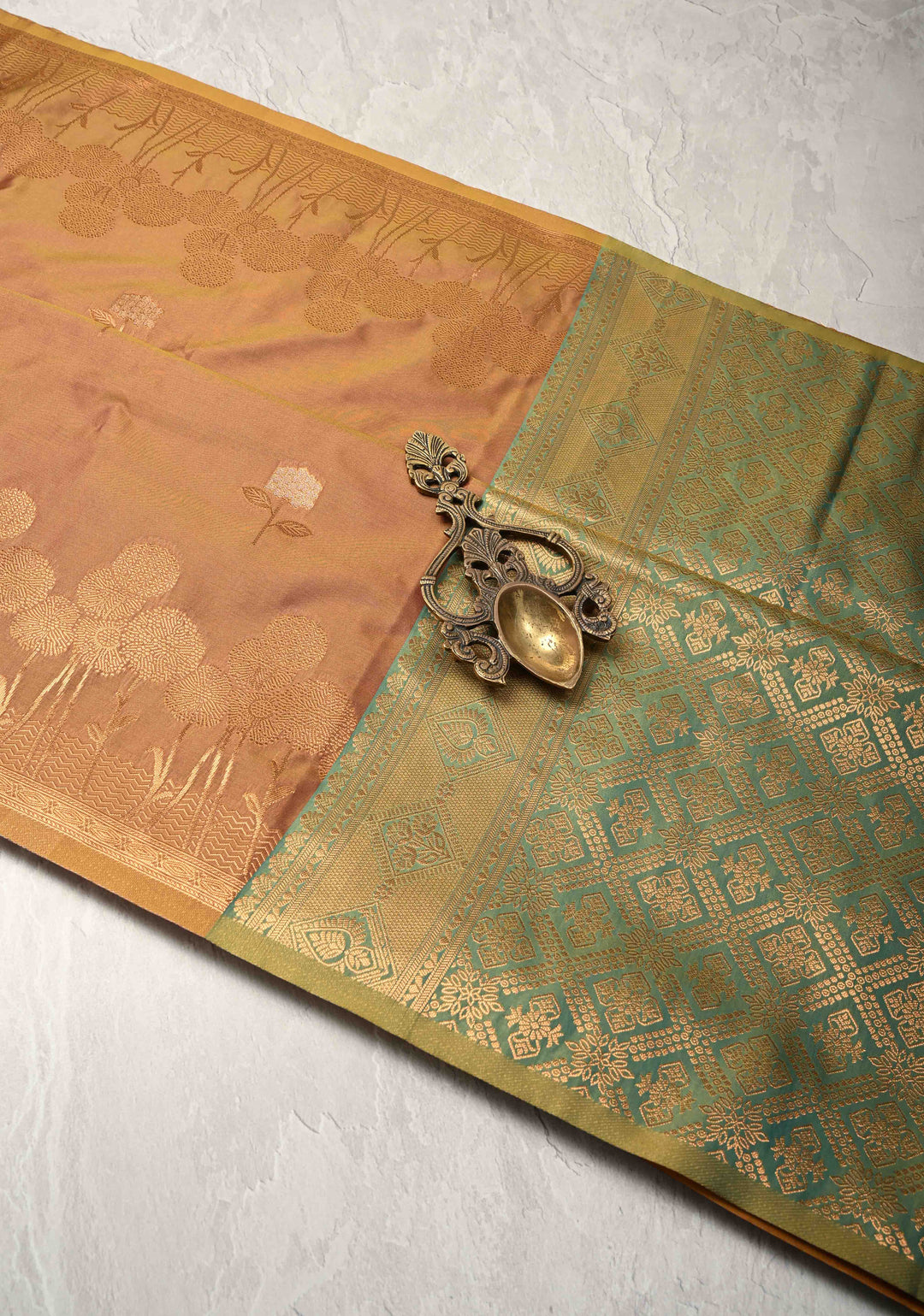 Camel Brown Dual tone Kanchi Semi Silk Saree with Alfi Floral Buttas and Zari Border
