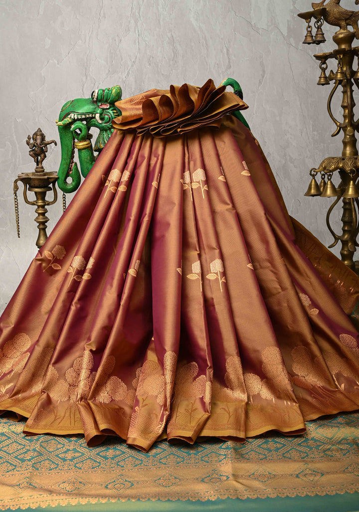 Camel Brown Dual tone Kanchi Semi Silk Saree with Alfi Floral Buttas and Zari Border