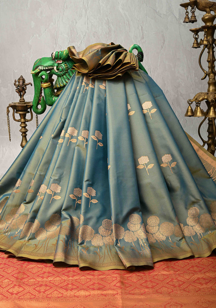 Blue Dual tone Kanchi Semi Silk Saree with Alfi Floral Buttas and Zari Border