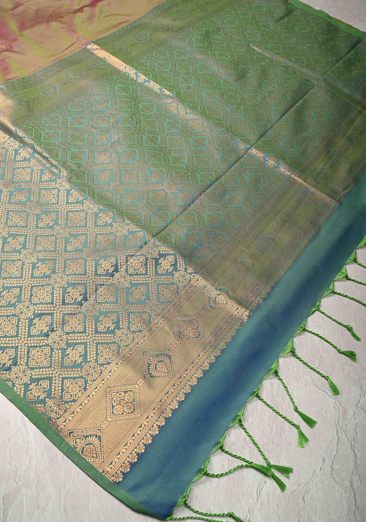 Green-Pink Dual tone Kanchi Semi Silk Saree with Alfi Floral Buttas and Zari Border