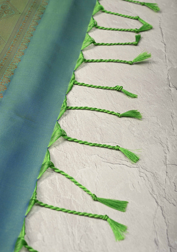 Green-Pink Dual tone Kanchi Semi Silk Saree with Alfi Floral Buttas and Zari Border