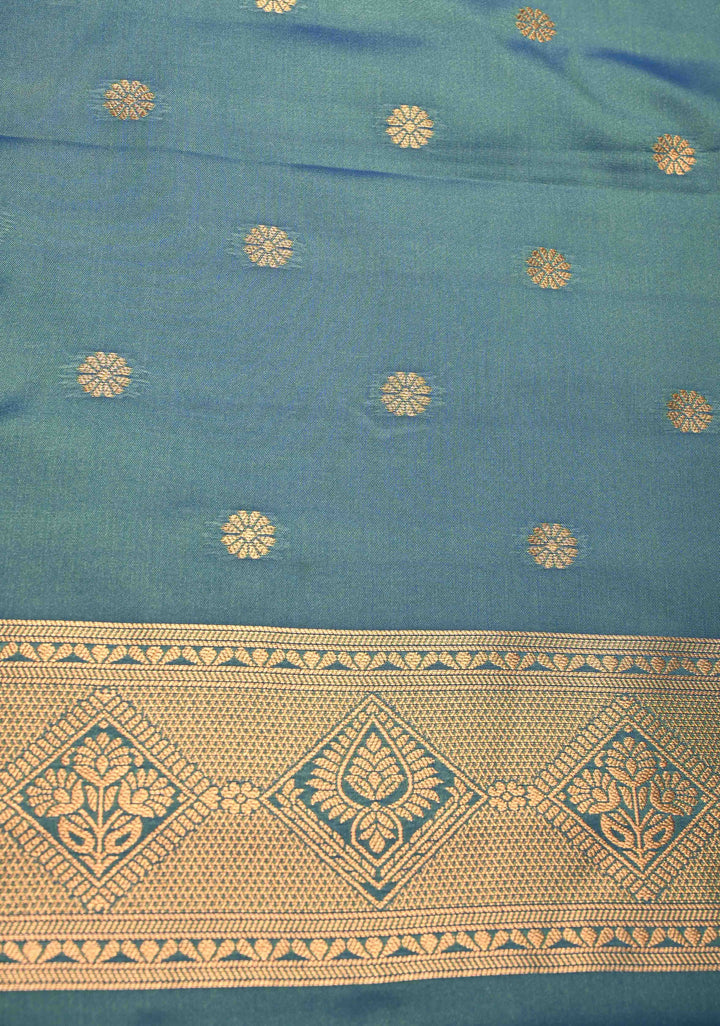 Green-Pink Dual tone Kanchi Semi Silk Saree with Alfi Floral Buttas and Zari Border