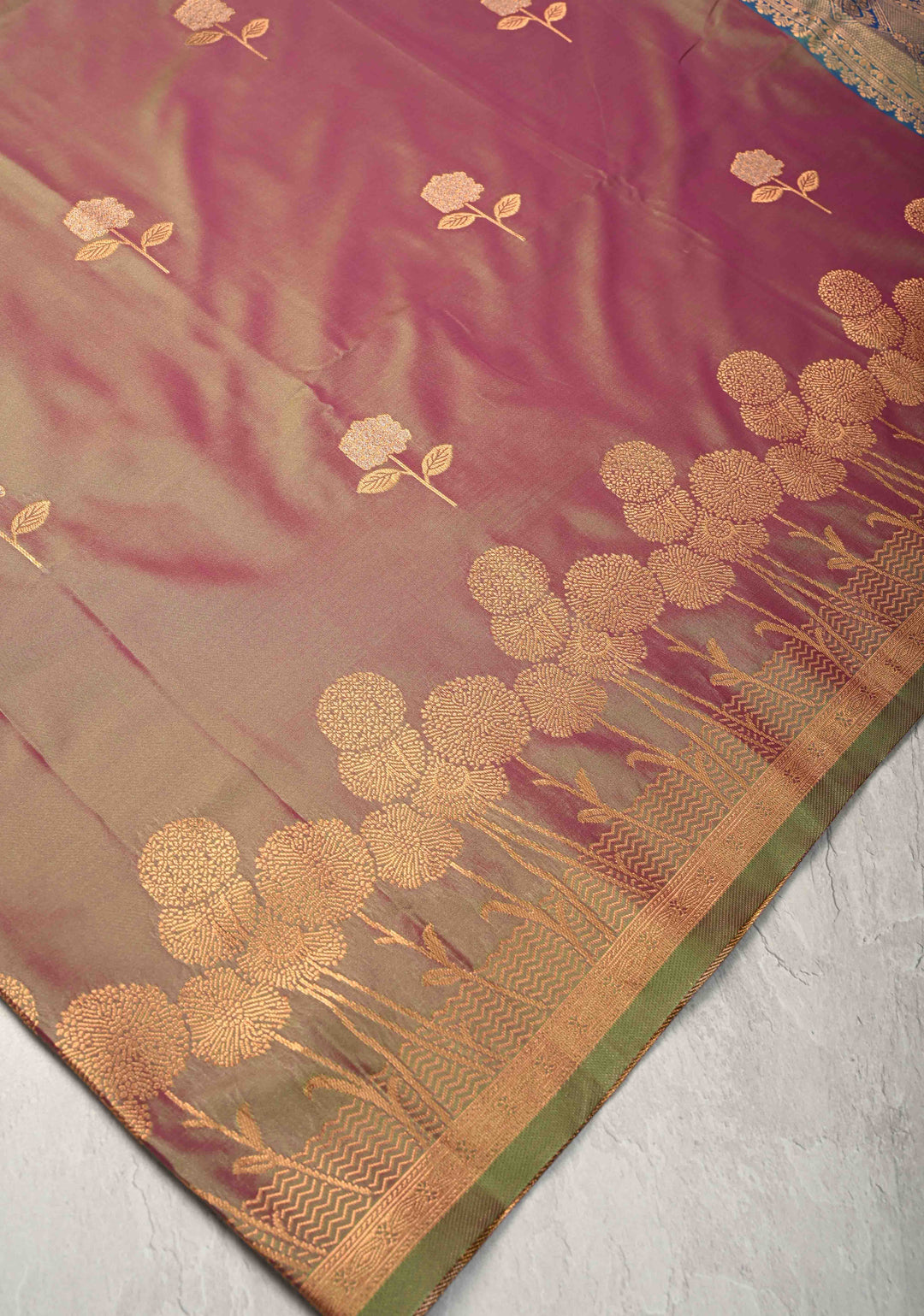 Green-Pink Dual tone Kanchi Semi Silk Saree with Alfi Floral Buttas and Zari Border