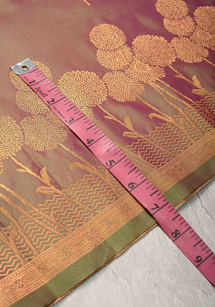 Green-Pink Dual tone Kanchi Semi Silk Saree with Alfi Floral Buttas and Zari Border
