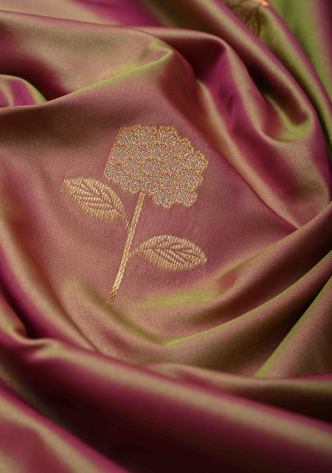 Green-Pink Dual tone Kanchi Semi Silk Saree with Alfi Floral Buttas and Zari Border