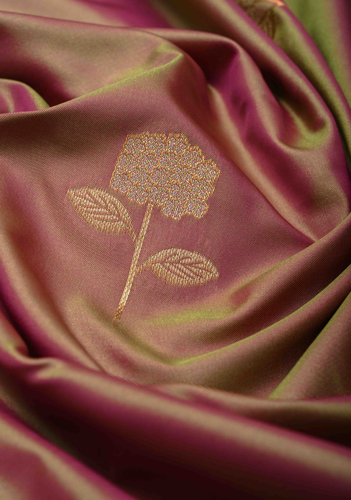 Green-Pink Dual tone Kanchi Semi Silk Saree with Alfi Floral Buttas and Zari Border