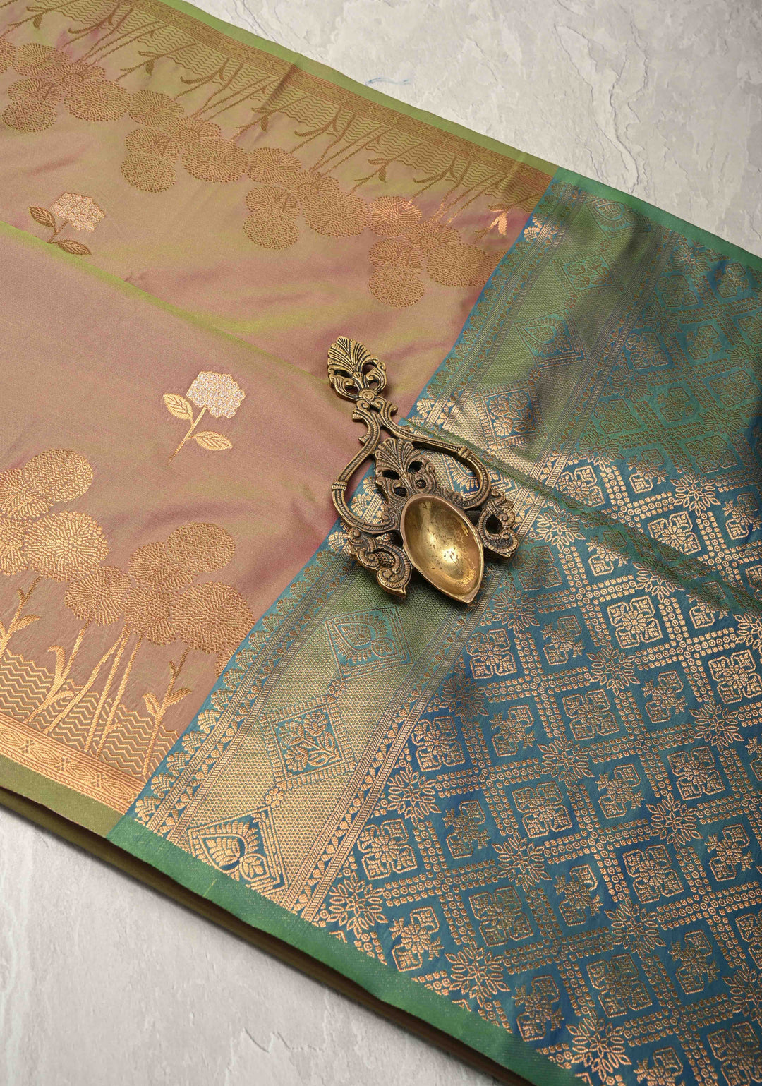 Green-Pink Dual tone Kanchi Semi Silk Saree with Alfi Floral Buttas and Zari Border