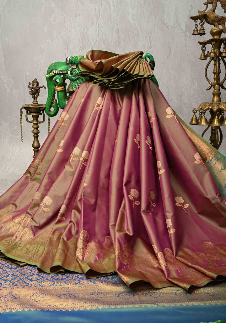 Green-Pink Dual tone Kanchi Semi Silk Saree with Alfi Floral Buttas and Zari Border