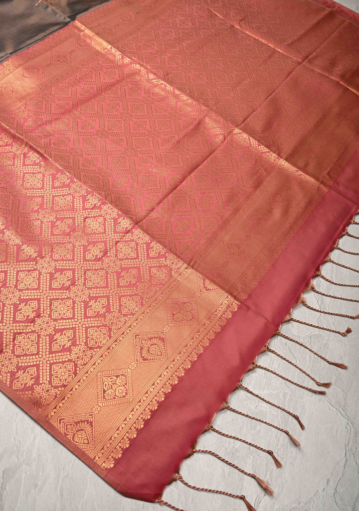 Coffee Brown Kanchi Semi Silk Saree with Alfi Floral Buttas and Zari Border