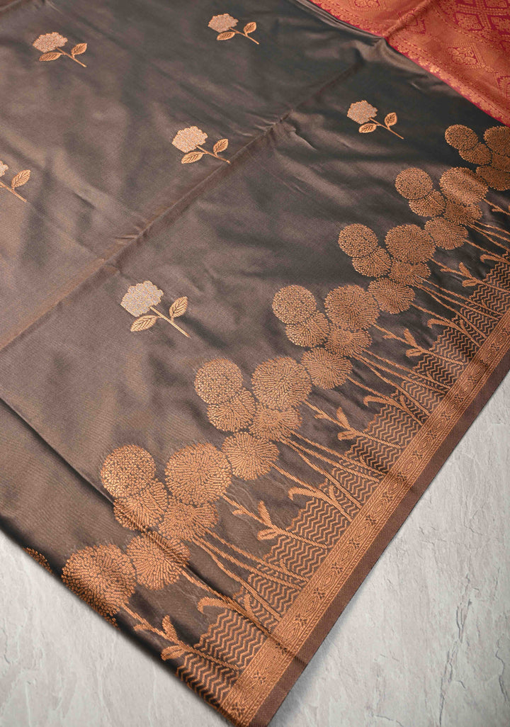 Coffee Brown Kanchi Semi Silk Saree with Alfi Floral Buttas and Zari Border