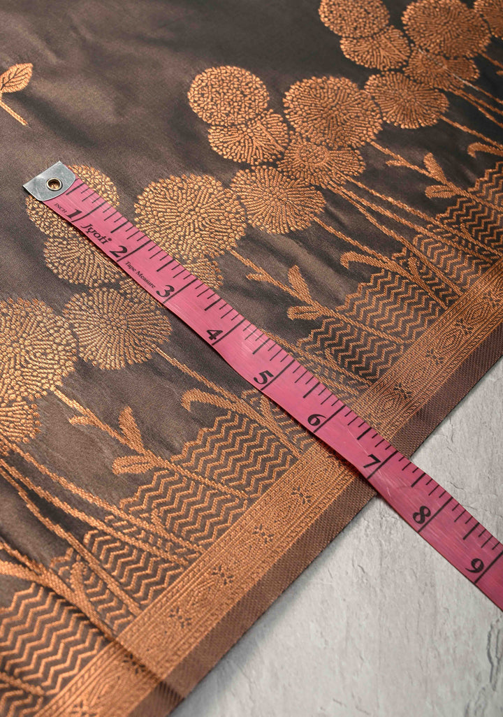 Coffee Brown Kanchi Semi Silk Saree with Alfi Floral Buttas and Zari Border