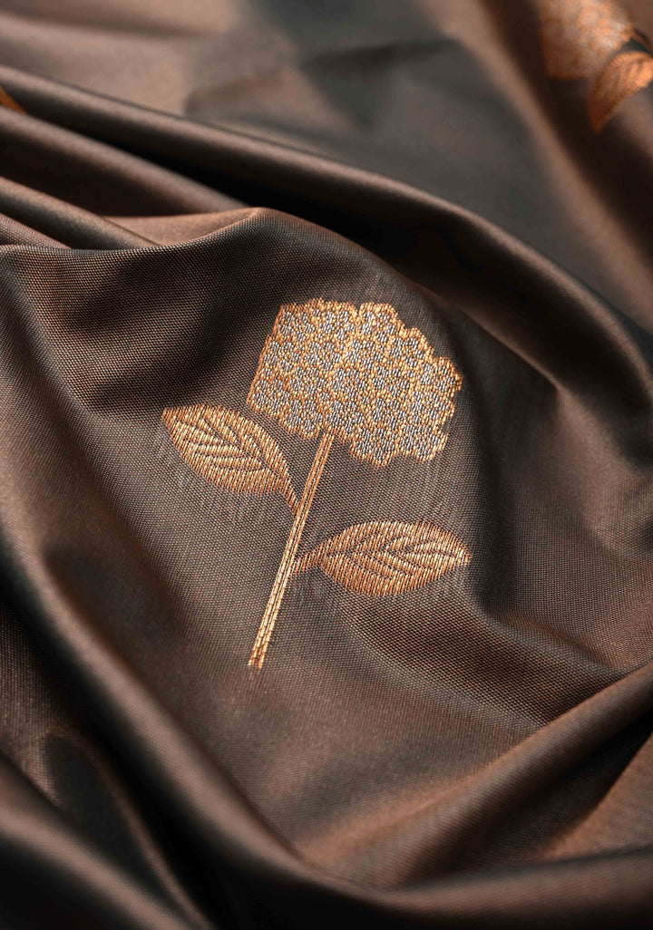 Coffee Brown Kanchi Semi Silk Saree with Alfi Floral Buttas and Zari Border