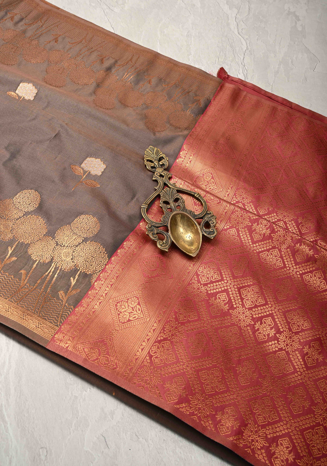 Coffee Brown Kanchi Semi Silk Saree with Alfi Floral Buttas and Zari Border