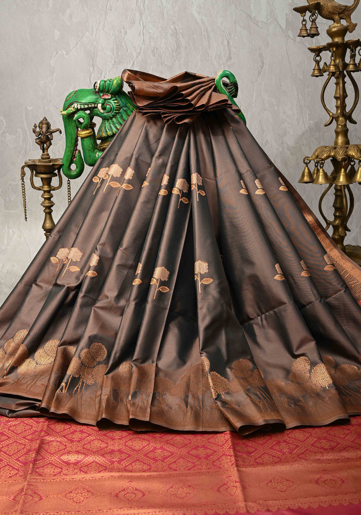 Coffee Brown Kanchi Semi Silk Saree with Alfi Floral Buttas and Zari Border