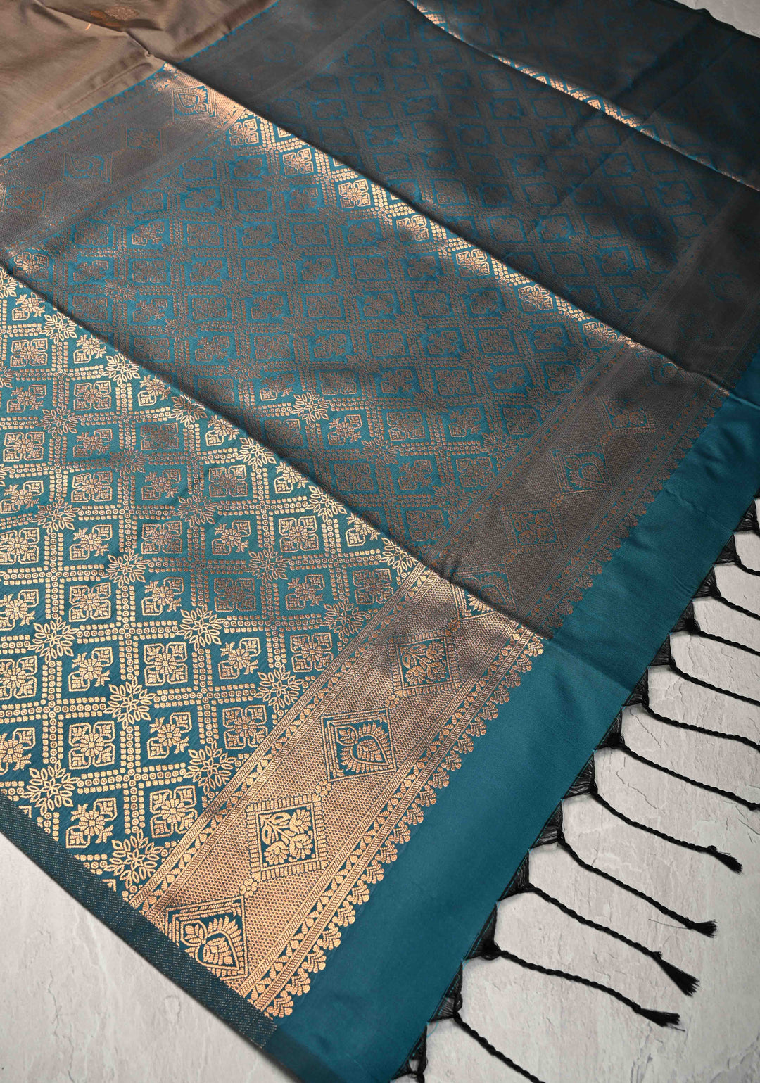 Brownish Gray Kanchi Semi Silk Saree with Alfi Floral Buttas and Zari Border