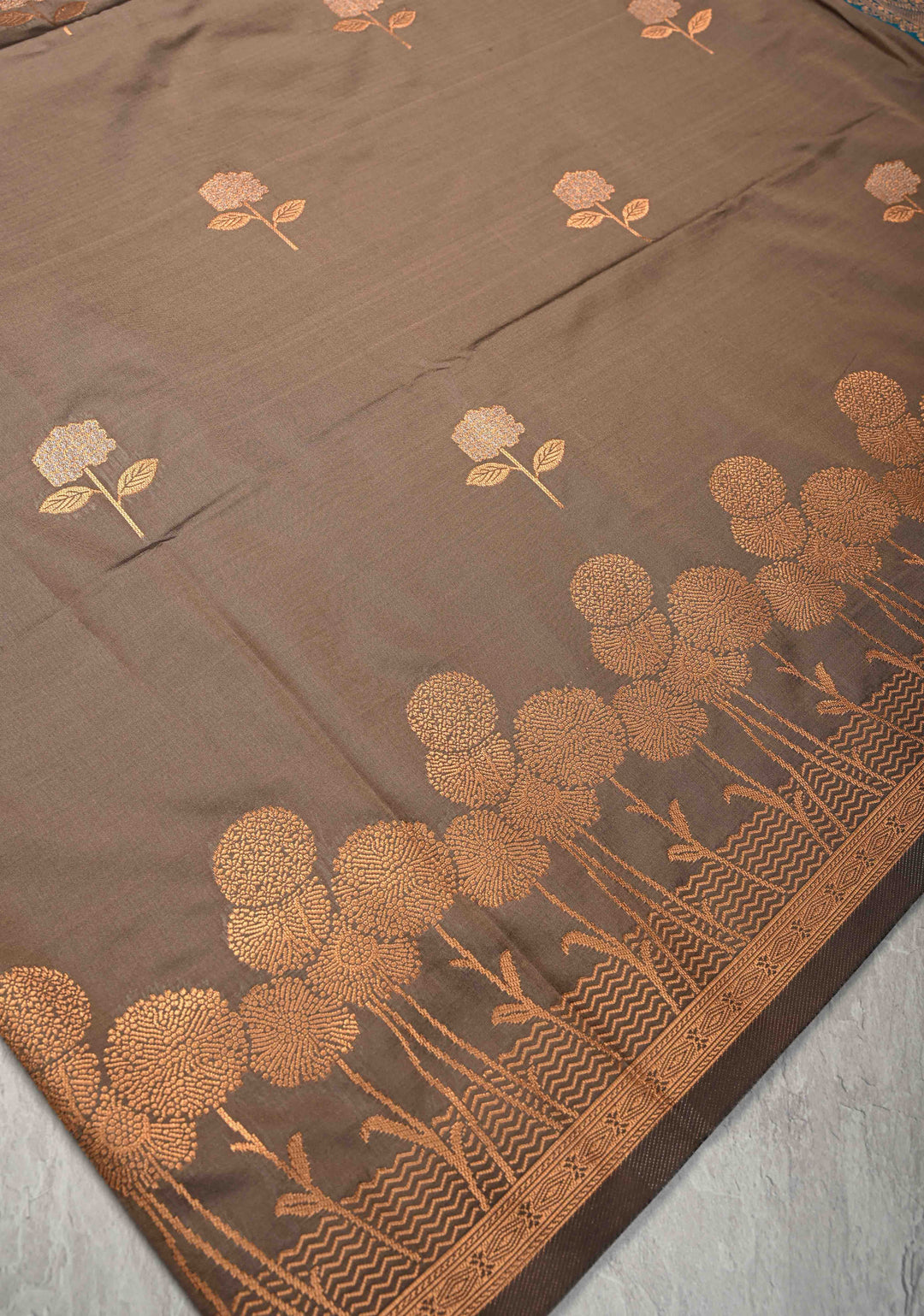 Brownish Gray Kanchi Semi Silk Saree with Alfi Floral Buttas and Zari Border