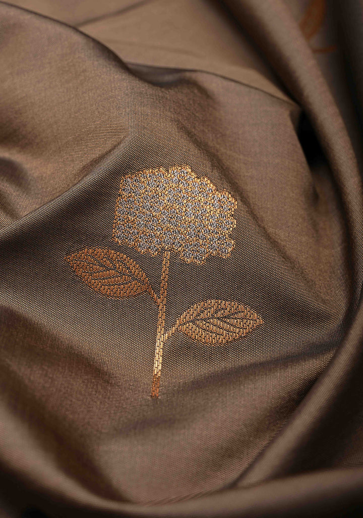 Brownish Gray Kanchi Semi Silk Saree with Alfi Floral Buttas and Zari Border