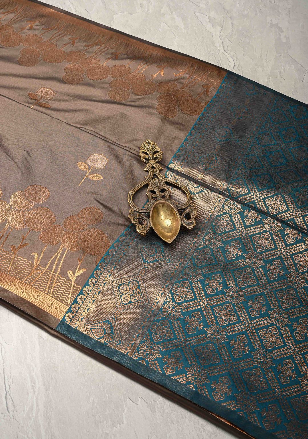Brownish Gray Kanchi Semi Silk Saree with Alfi Floral Buttas and Zari Border