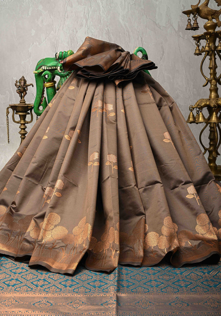 Brownish Gray Kanchi Semi Silk Saree with Alfi Floral Buttas and Zari Border