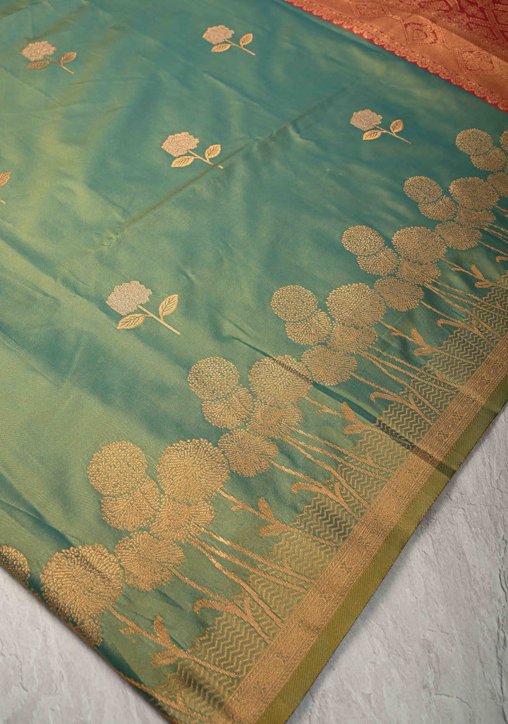Green Dual tone Kanchi Semi Silk Saree with Alfi Floral Buttas and Zari Border