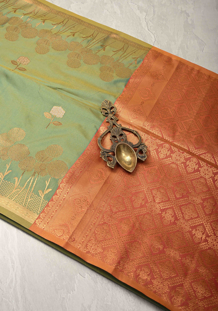 Green Dual tone Kanchi Semi Silk Saree with Alfi Floral Buttas and Zari Border