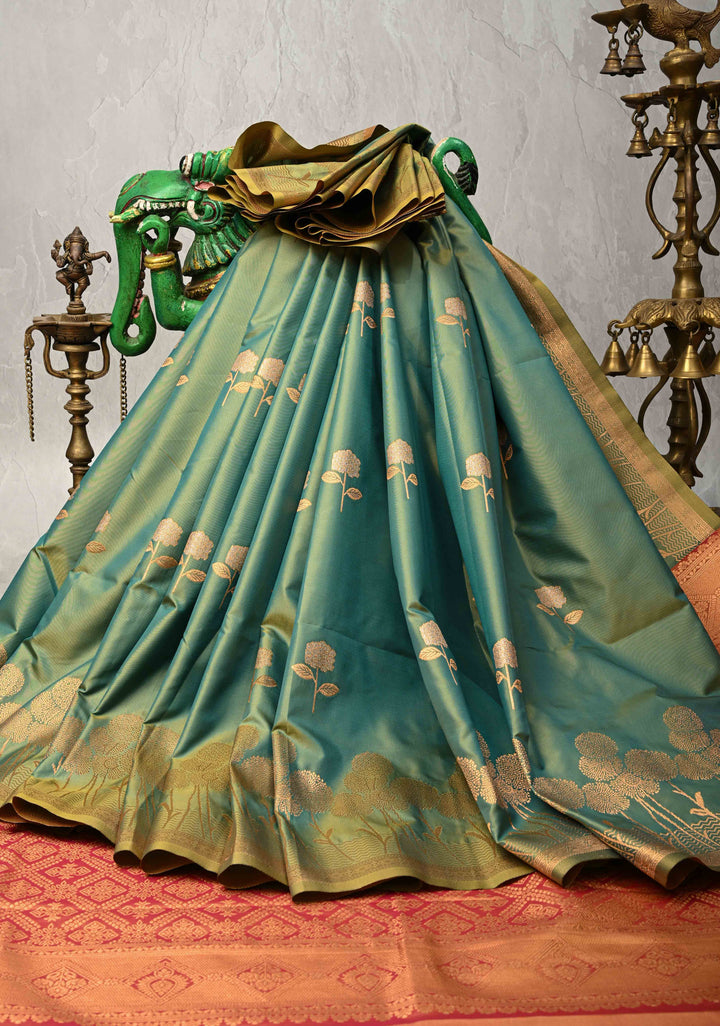 Green Dual tone Kanchi Semi Silk Saree with Alfi Floral Buttas and Zari Border
