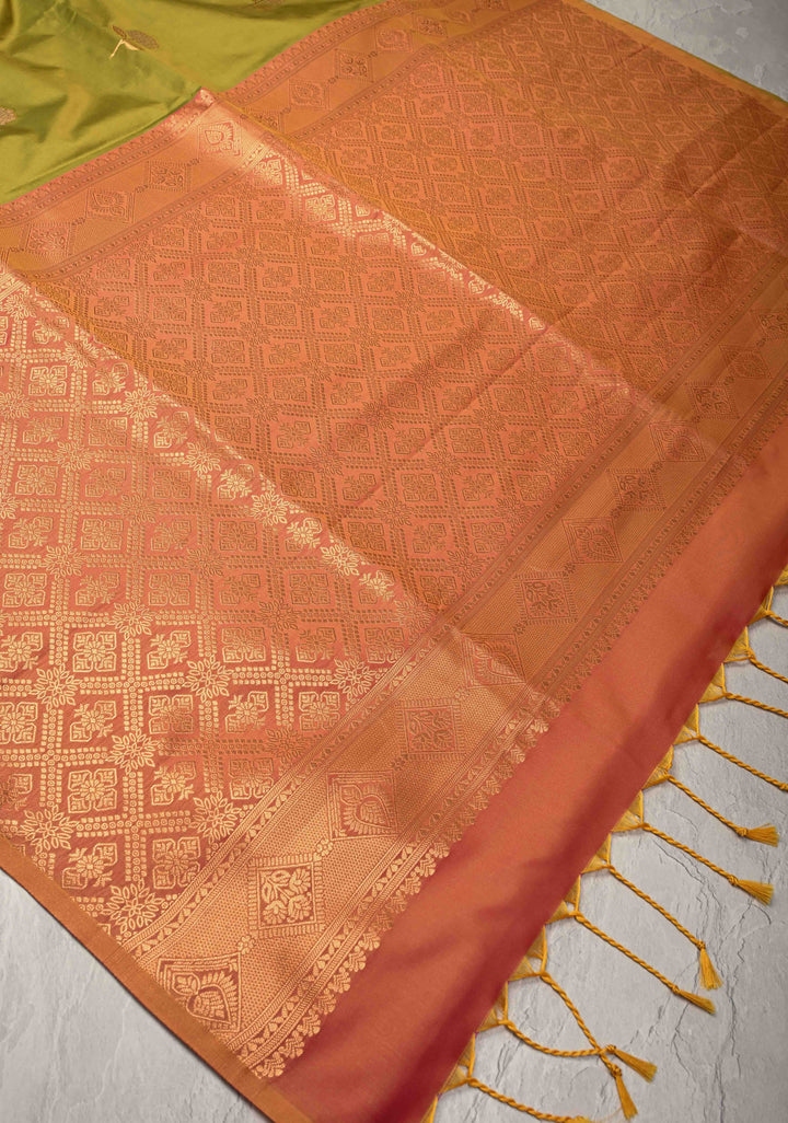 Henna Green Kanchi Semi Silk Saree with Alfi Floral Buttas and Zari Border