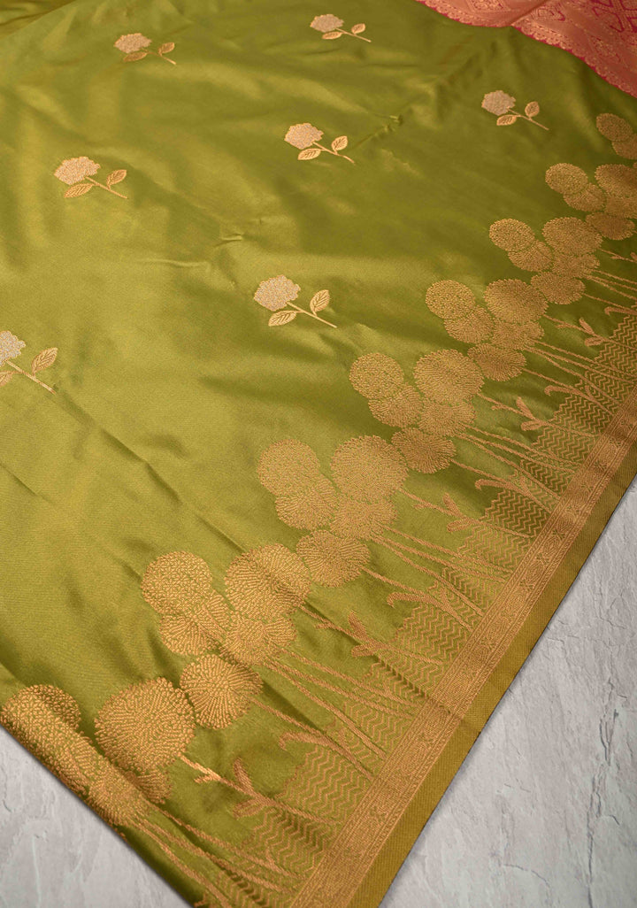 Henna Green Kanchi Semi Silk Saree with Alfi Floral Buttas and Zari Border