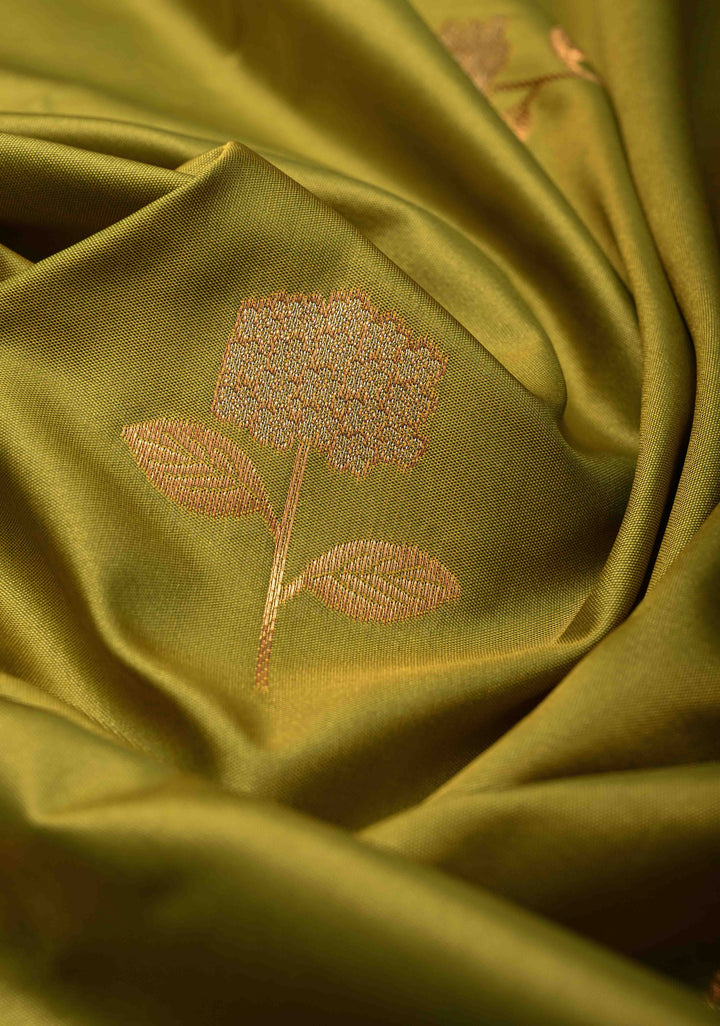 Henna Green Kanchi Semi Silk Saree with Alfi Floral Buttas and Zari Border