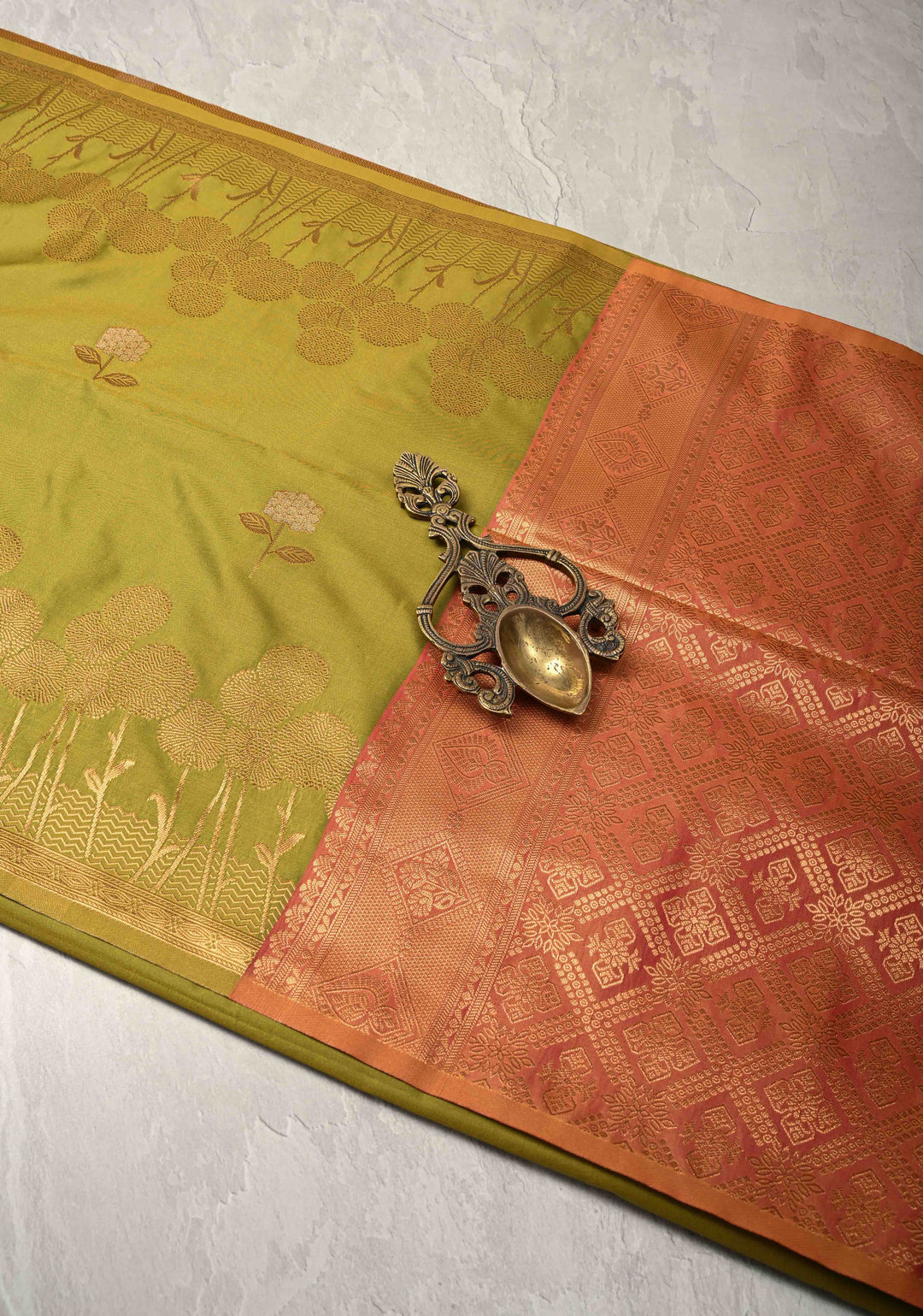 Henna Green Kanchi Semi Silk Saree with Alfi Floral Buttas and Zari Border