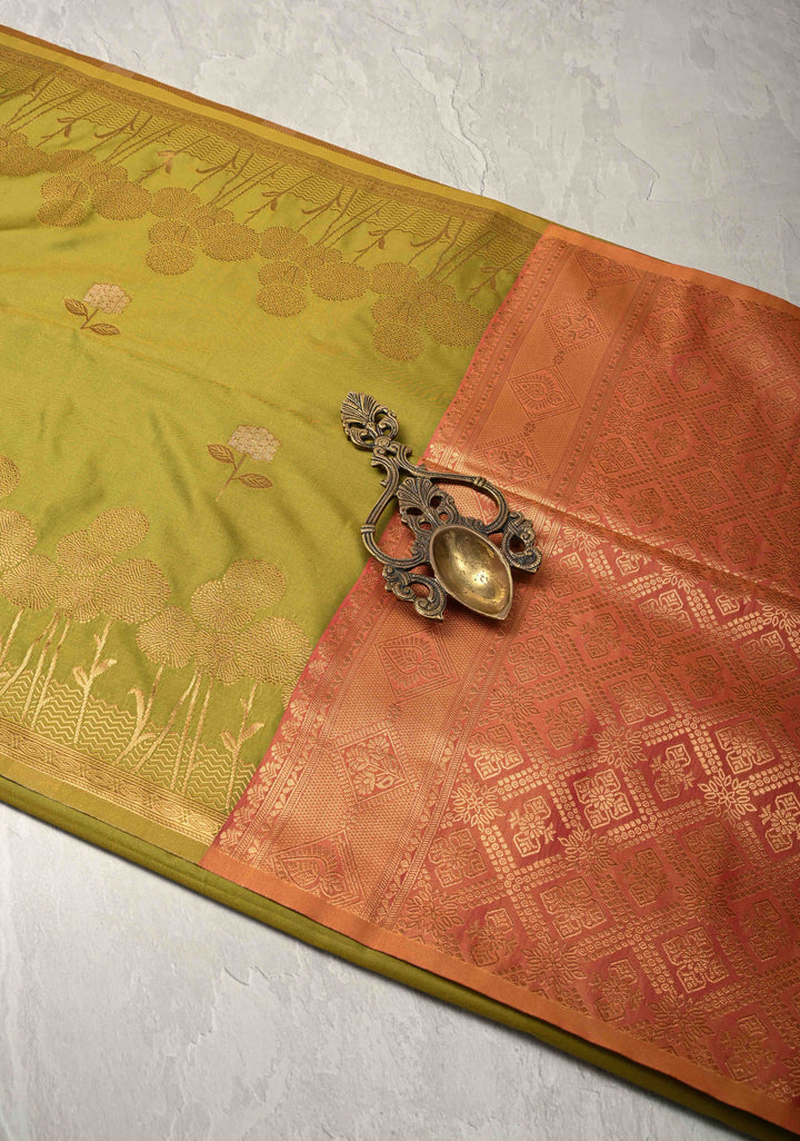 Henna Green Kanchi Semi Silk Saree with Alfi Floral Buttas and Zari Border