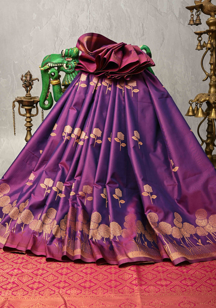 Purple Dual tone Kanchi Semi Silk Saree with Alfi Floral Buttas and Zari Border