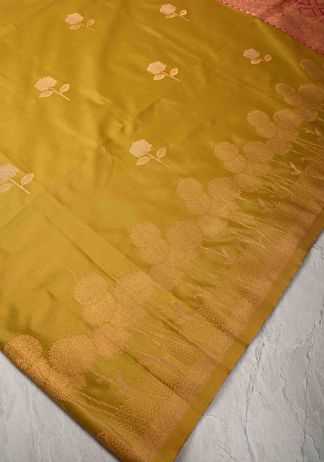 Moss Yellow Kanchi Semi Silk Saree with Alfi Floral Buttas and Zari Border