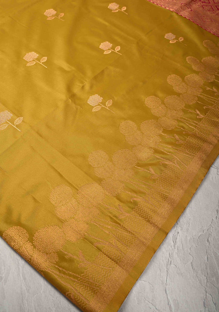 Moss Yellow Kanchi Semi Silk Saree with Alfi Floral Buttas and Zari Border
