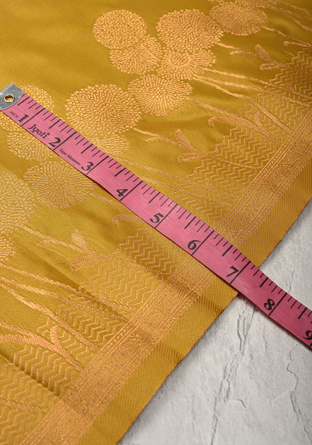 Moss Yellow Kanchi Semi Silk Saree with Alfi Floral Buttas and Zari Border