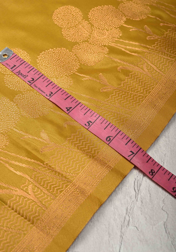 Moss Yellow Kanchi Semi Silk Saree with Alfi Floral Buttas and Zari Border