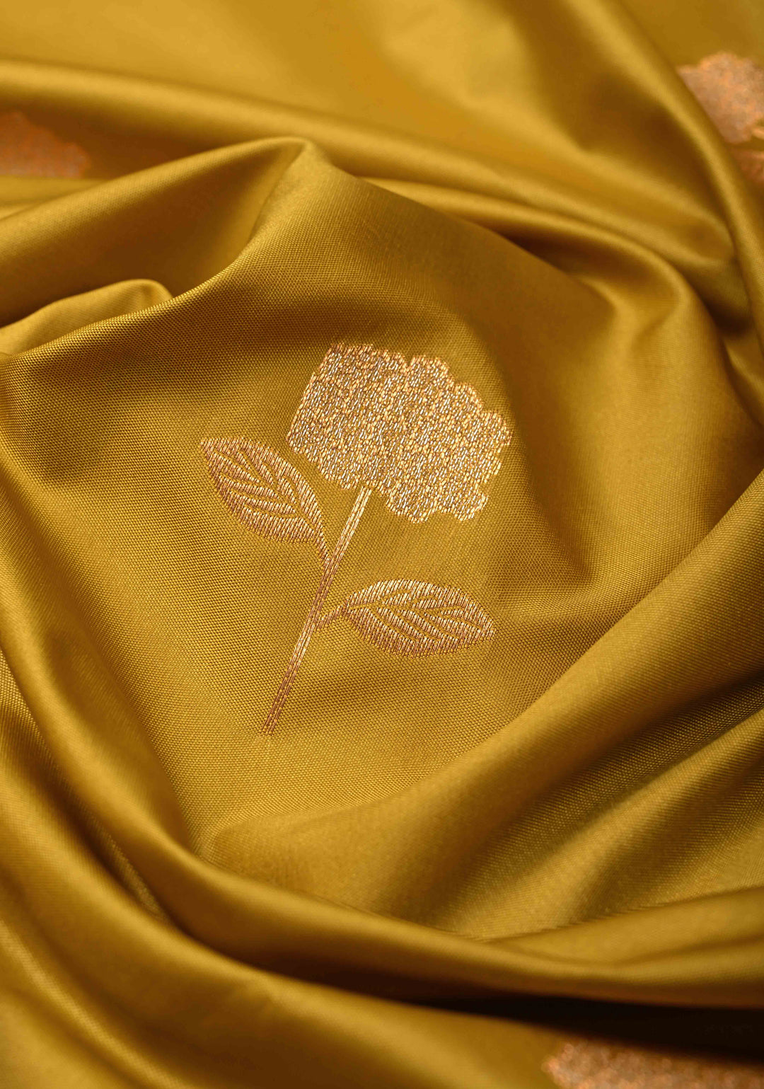 Moss Yellow Kanchi Semi Silk Saree with Alfi Floral Buttas and Zari Border