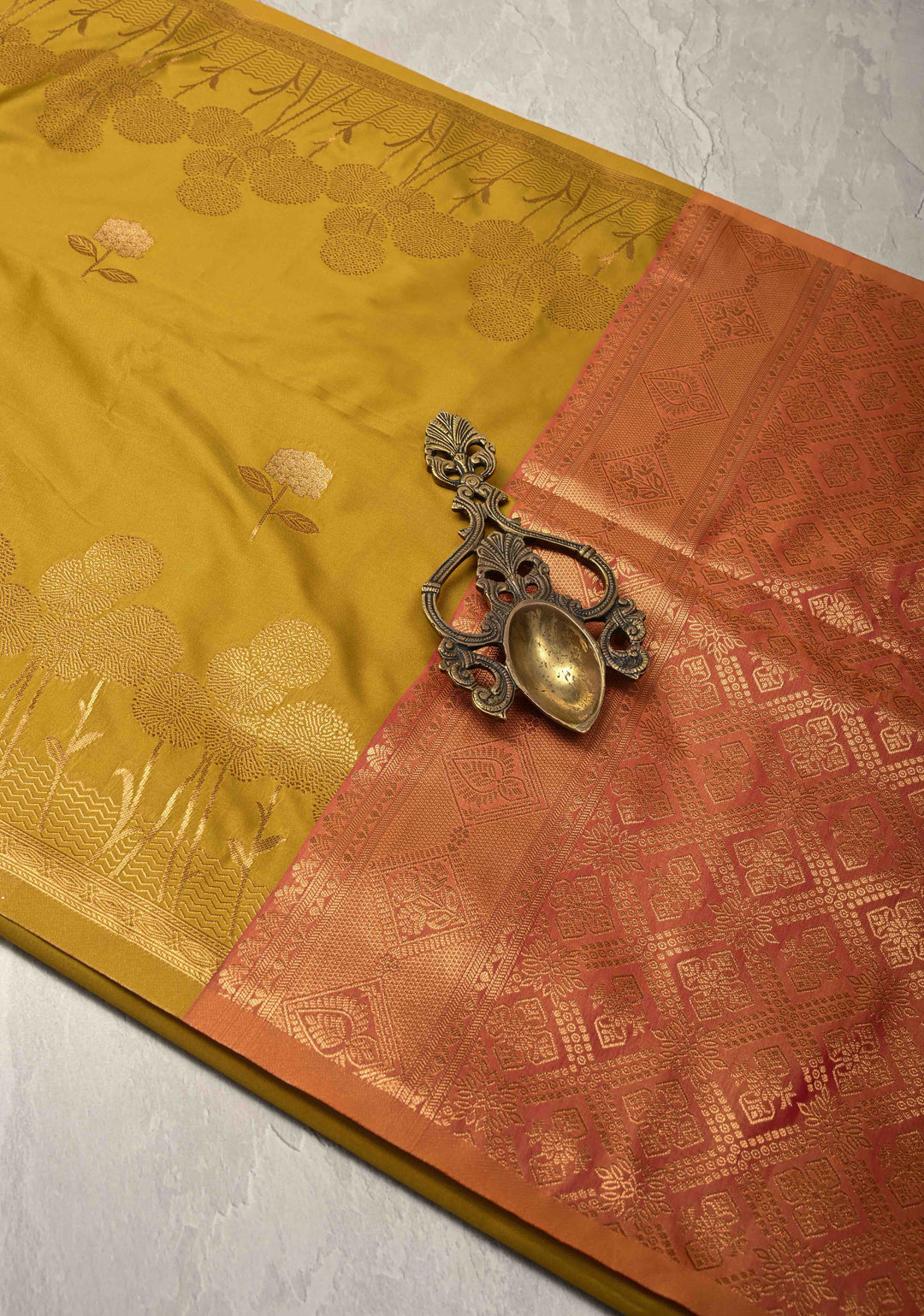 Moss Yellow Kanchi Semi Silk Saree with Alfi Floral Buttas and Zari Border