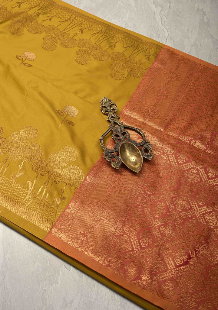 Moss Yellow Kanchi Semi Silk Saree with Alfi Floral Buttas and Zari Border