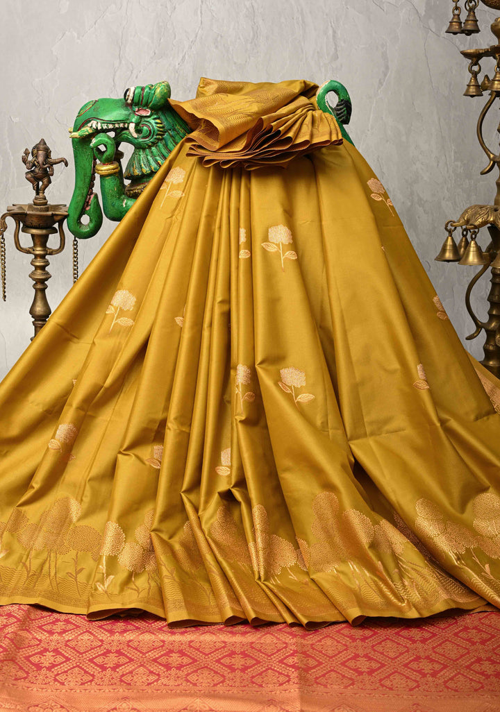 Moss Yellow Kanchi Semi Silk Saree with Alfi Floral Buttas and Zari Border