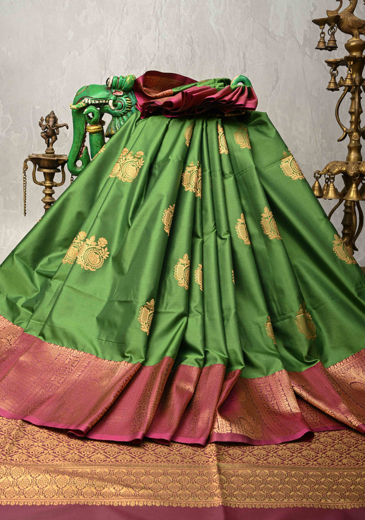 Green Kanchi Semi Silk Saree with Zari Buttas and Zari Border