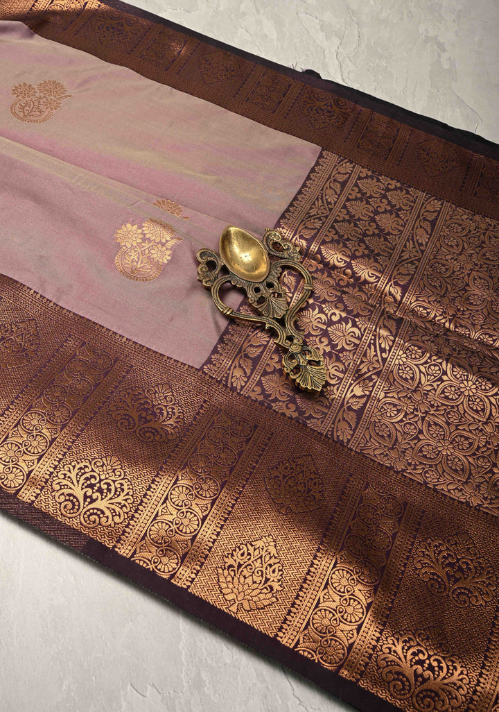 Dusty Mauve Dual tone Kanchi Semi Silk Saree with Zari Buttas and Zari Border