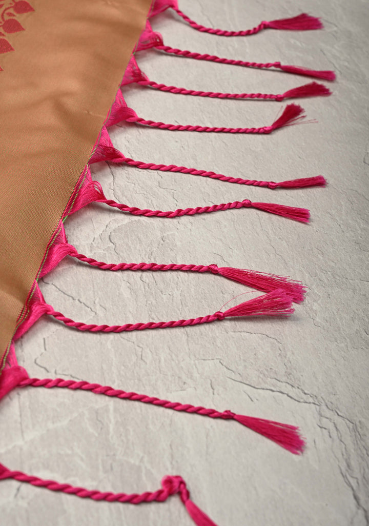Fiery Rose Kanchi Semi Silk Saree with Floral Zari Buttas and Zari Border