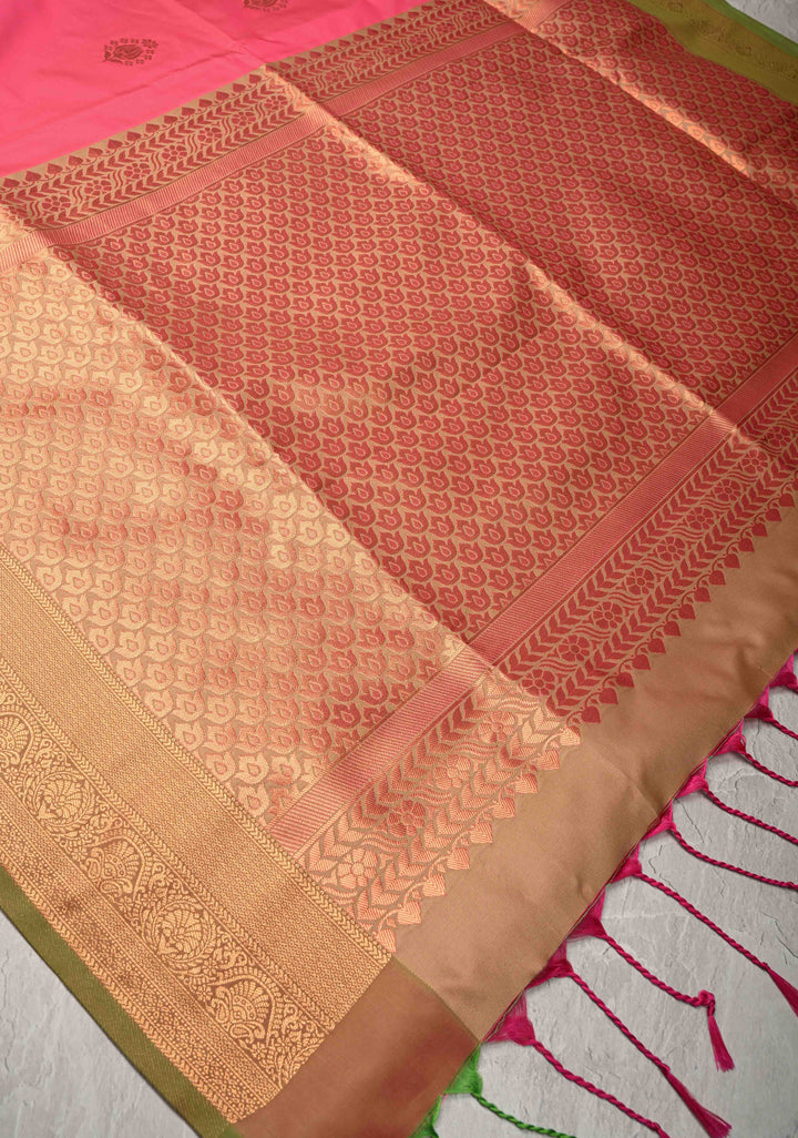 Fiery Rose Kanchi Semi Silk Saree with Floral Zari Buttas and Zari Border