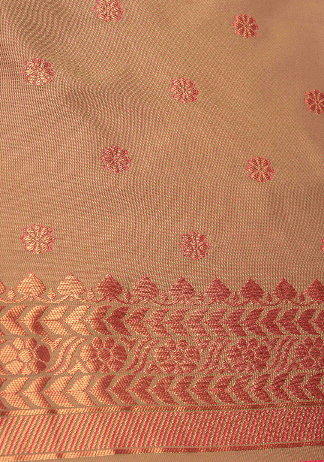 Fiery Rose Kanchi Semi Silk Saree with Floral Zari Buttas and Zari Border