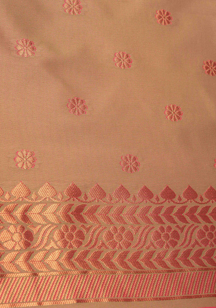 Fiery Rose Kanchi Semi Silk Saree with Floral Zari Buttas and Zari Border