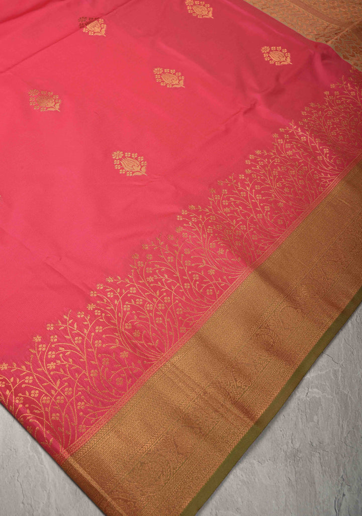 Fiery Rose Kanchi Semi Silk Saree with Floral Zari Buttas and Zari Border